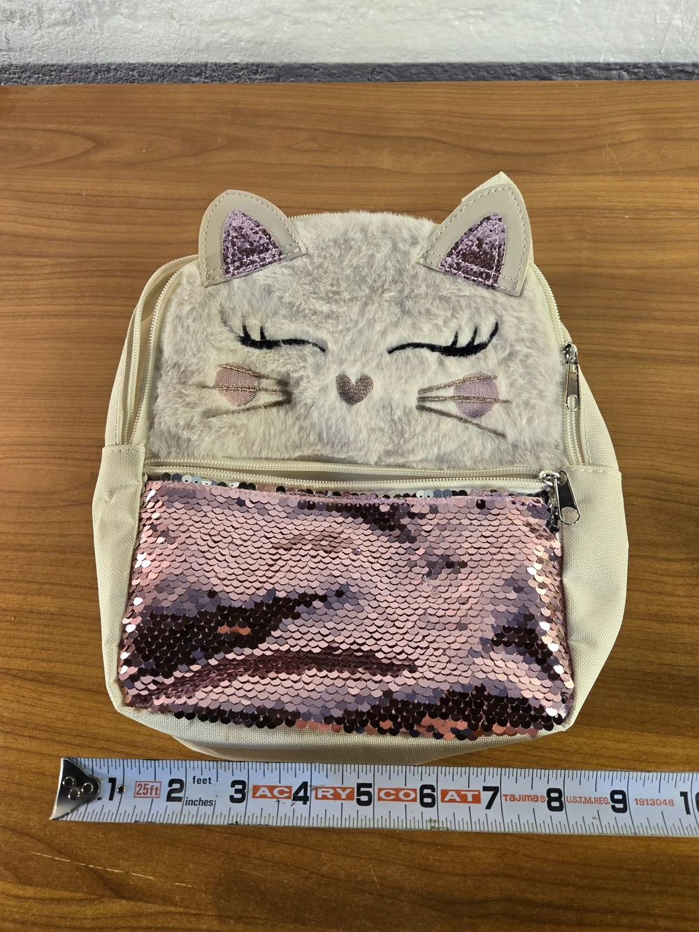 Pink Cat Childsize Backpack Furry Cat Face And Shiny Sequins